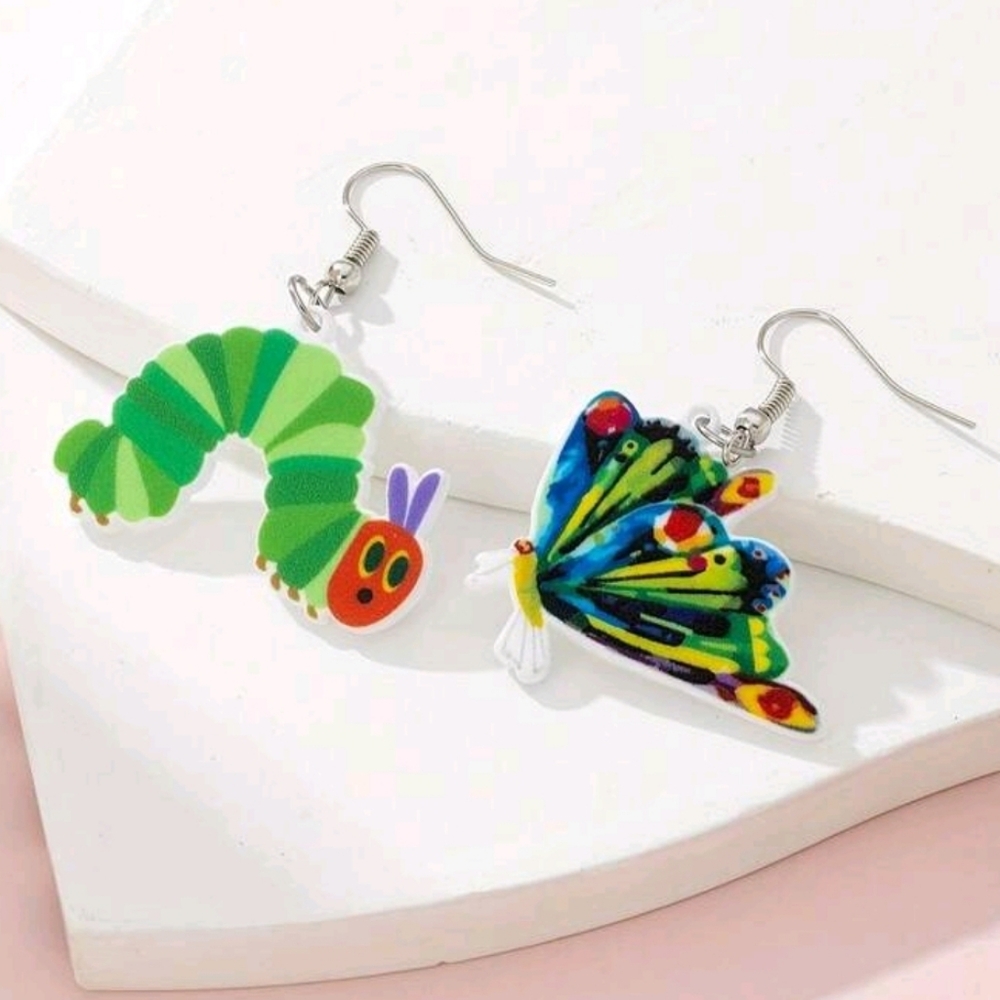 Colorful Hungry Caterpillar‎ and Butterfly Dangle Insect Animal Nature Earrings